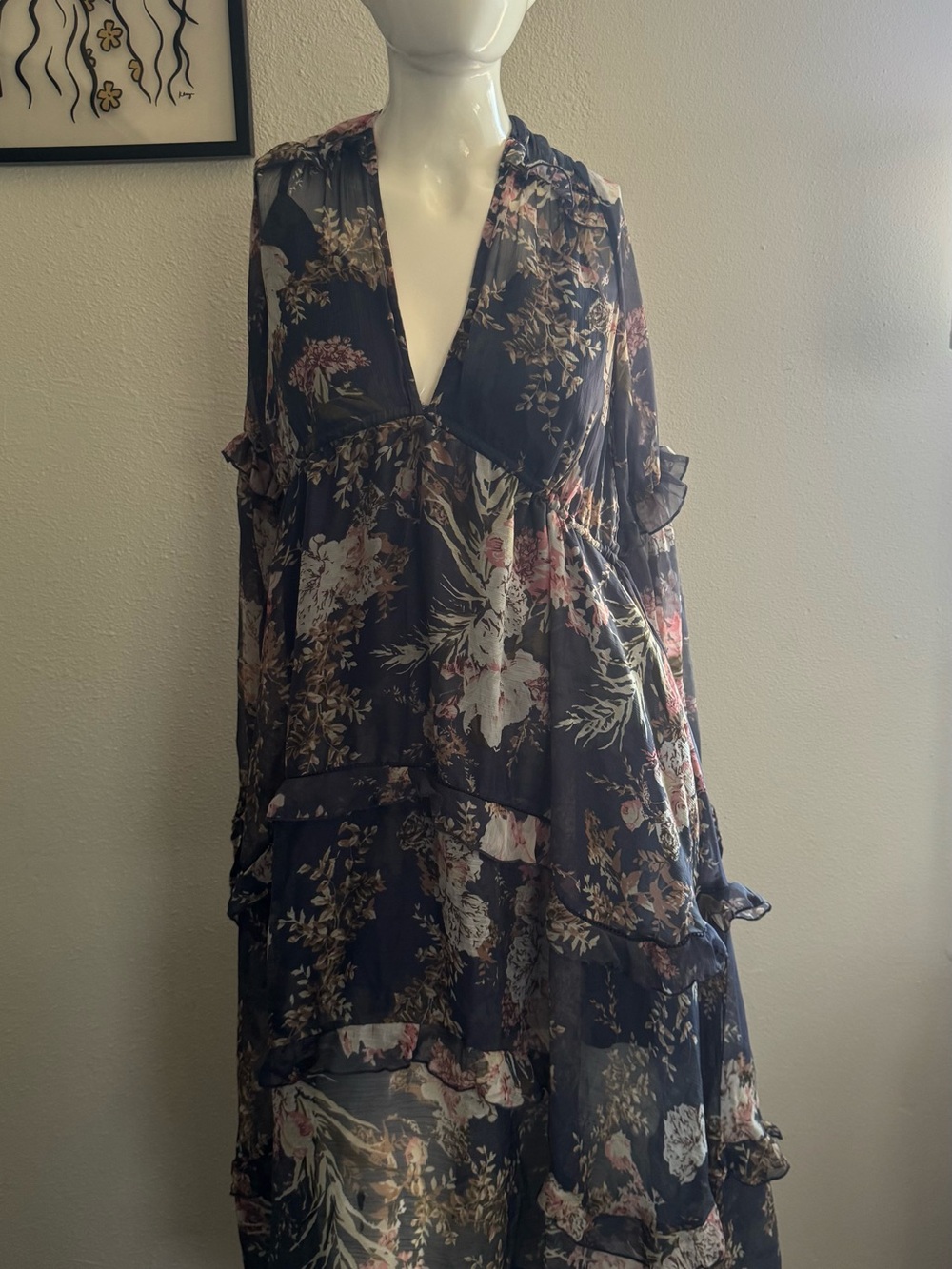 ASOS Navy Floral Midi Dress with Pink and Cream Blooms